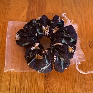 Navy Blue Floral Scrunchie w/ White Yellow Teal Flowers | Cottagecore ✨🦋✨